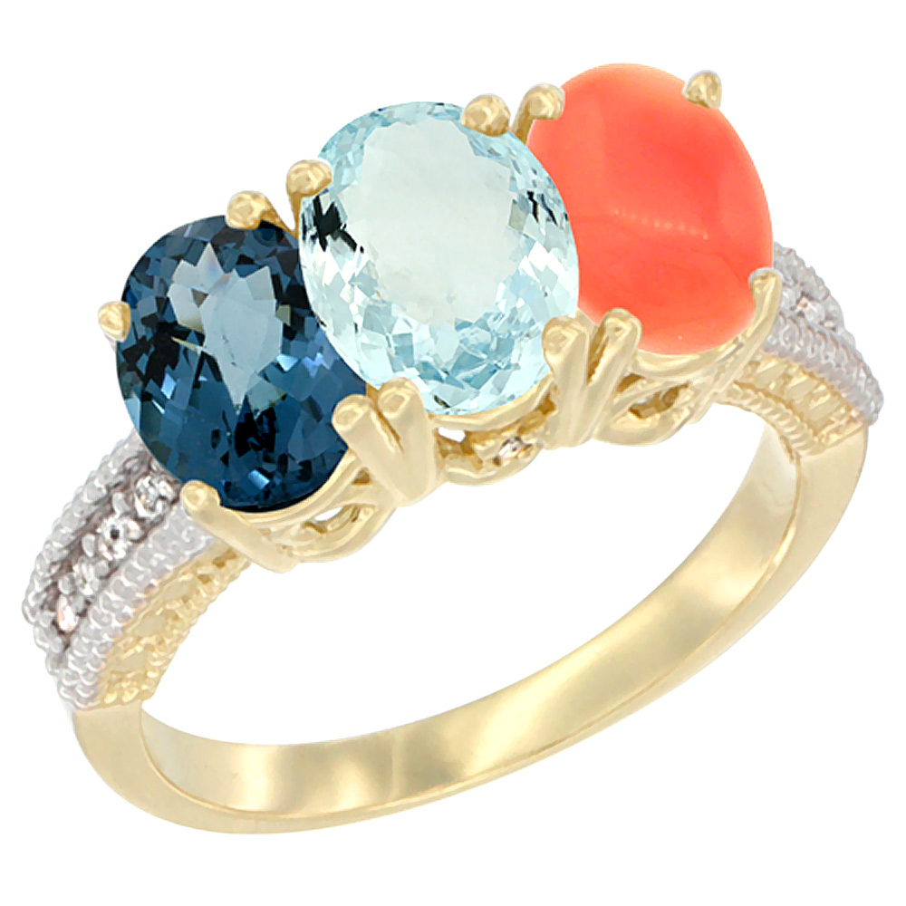 10K Yellow Gold Diamond Natural London Blue Topaz, Aquamarine & Coral Ring 3-Stone Oval 7x5 mm, sizes 5 - 10