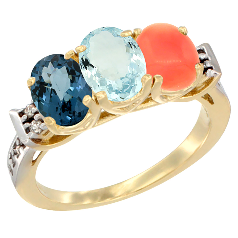 14K Yellow Gold Natural London Blue Topaz, Aquamarine & Coral Ring 3-Stone 7x5 mm Oval Diamond Accent, sizes 5 - 10