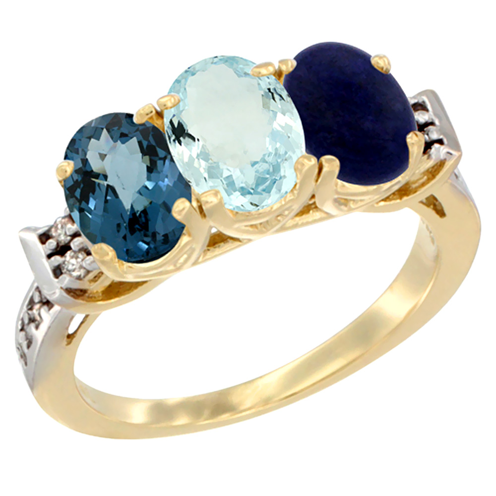 14K Yellow Gold Natural London Blue Topaz, Aquamarine & Lapis Ring 3-Stone 7x5 mm Oval Diamond Accent, sizes 5 - 10