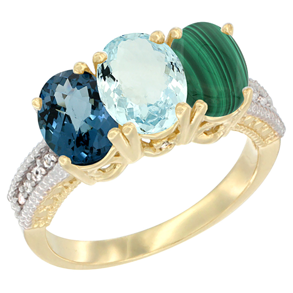 10K Yellow Gold Diamond Natural London Blue Topaz, Aquamarine & Malachite Ring 3-Stone Oval 7x5 mm, sizes 5 - 10