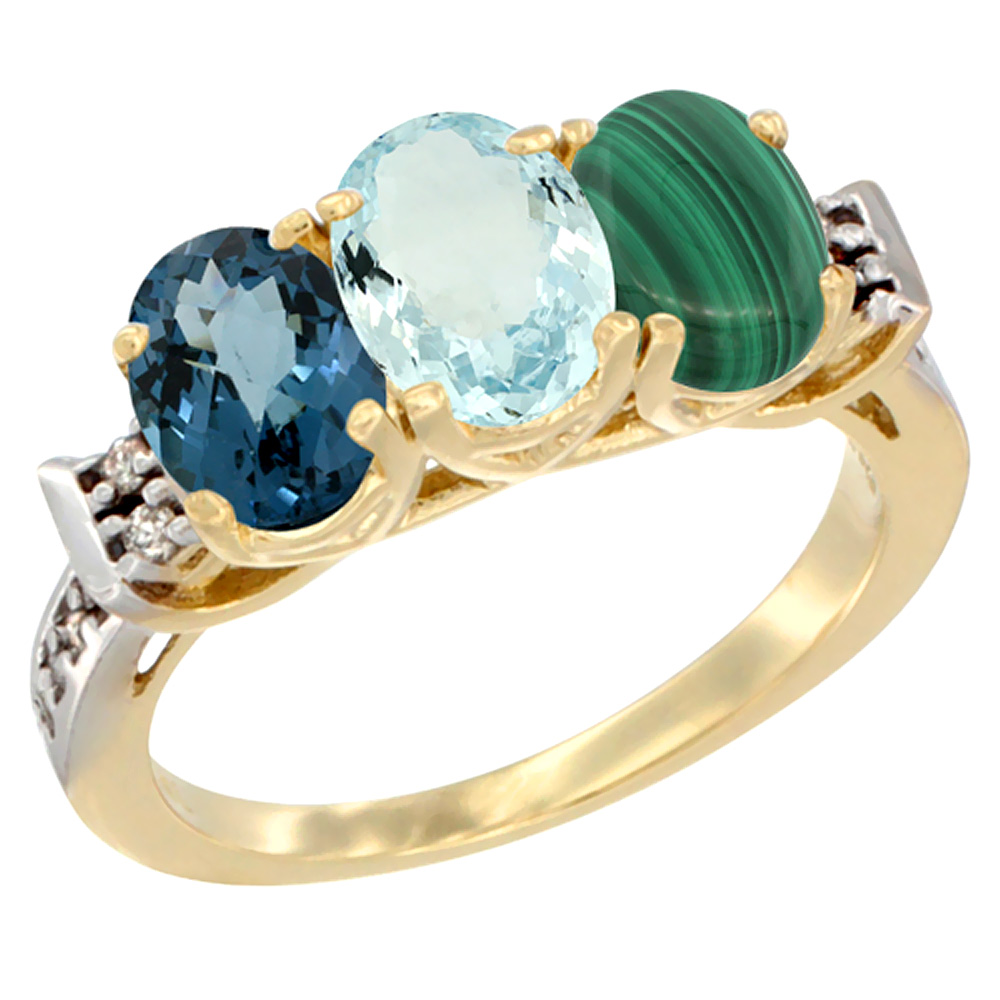 14K Yellow Gold Natural London Blue Topaz, Aquamarine & Malachite Ring 3-Stone 7x5 mm Oval Diamond Accent, sizes 5 - 10