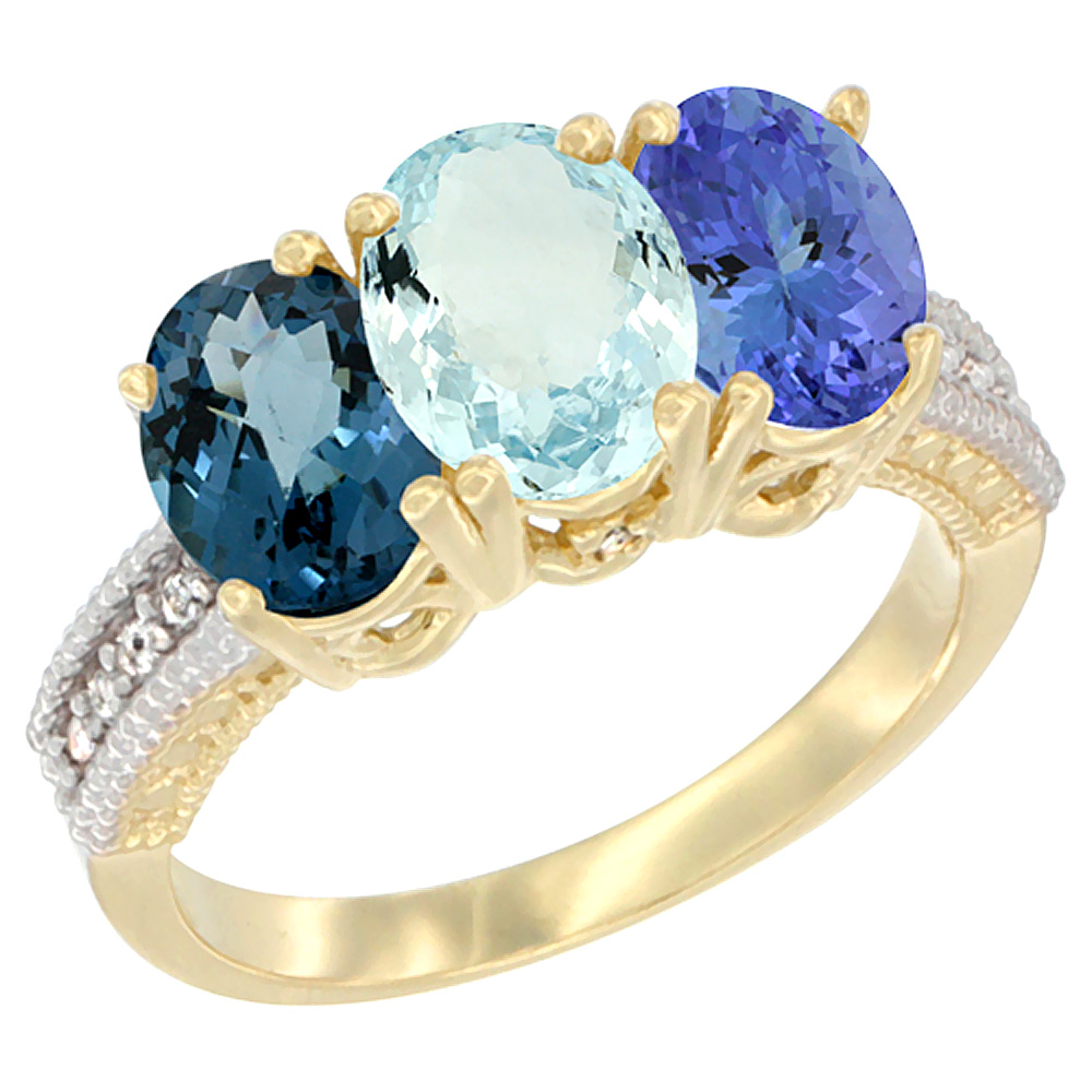 14K Yellow Gold Natural London Blue Topaz, Aquamarine &amp; Tanzanite Ring 3-Stone 7x5 mm Oval Diamond Accent, sizes 5 - 10