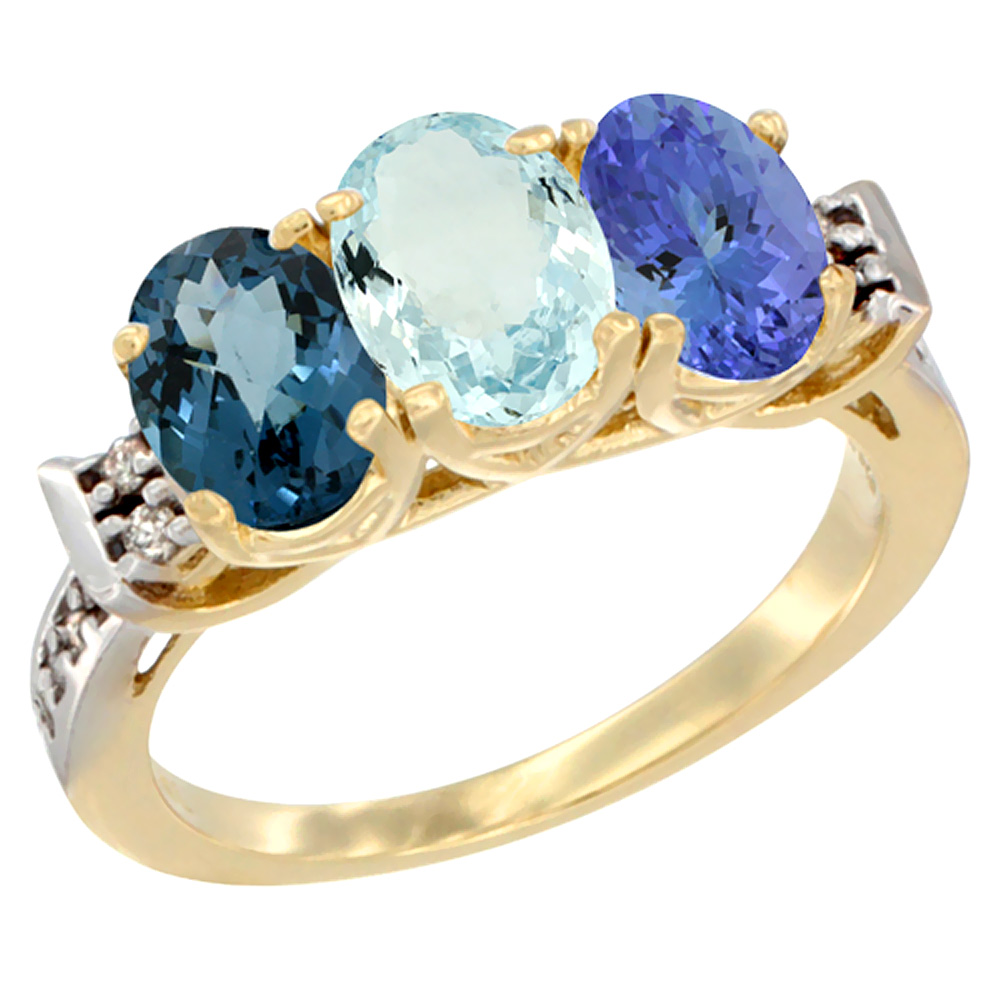 14K Yellow Gold Natural London Blue Topaz, Aquamarine & Tanzanite Ring 3-Stone 7x5 mm Oval Diamond Accent, sizes 5 - 10