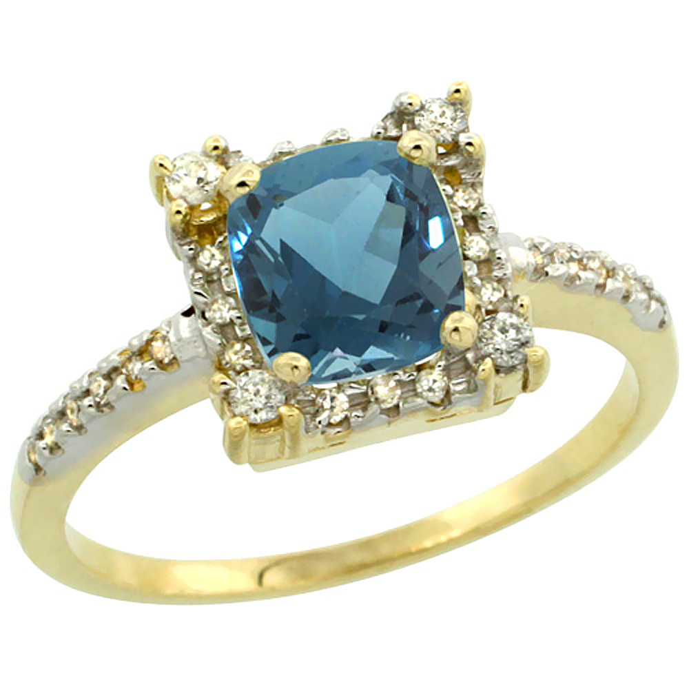 10k Yellow Gold Natural London Blue Topaz Ring Cushion-cut 6x6mm Diamond Halo, sizes 5-10