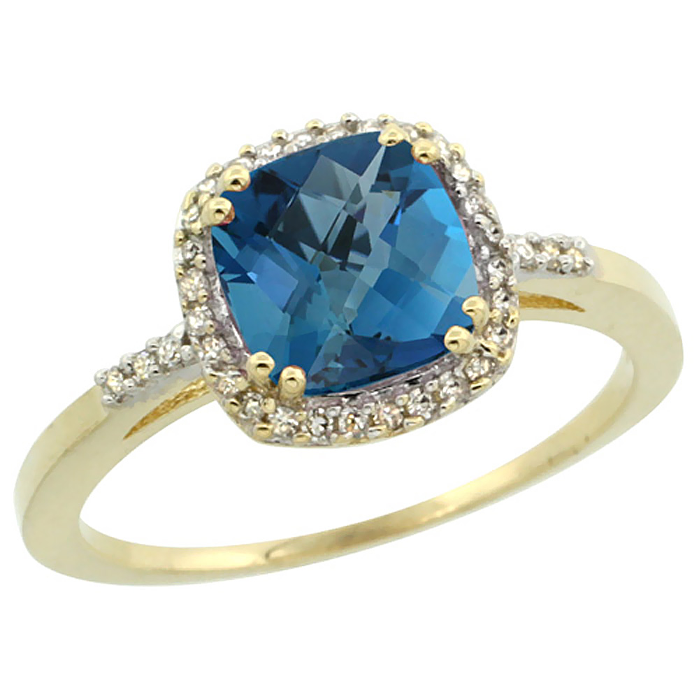 10K Yellow Gold Diamond Natural London Blue Topaz Ring Cushion-cut 7x7mm, sizes 5-10