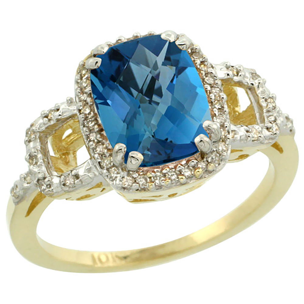 10K Yellow Gold Diamond Natural London Blue Topaz Ring Cushion-cut 9x7mm, sizes 5-10