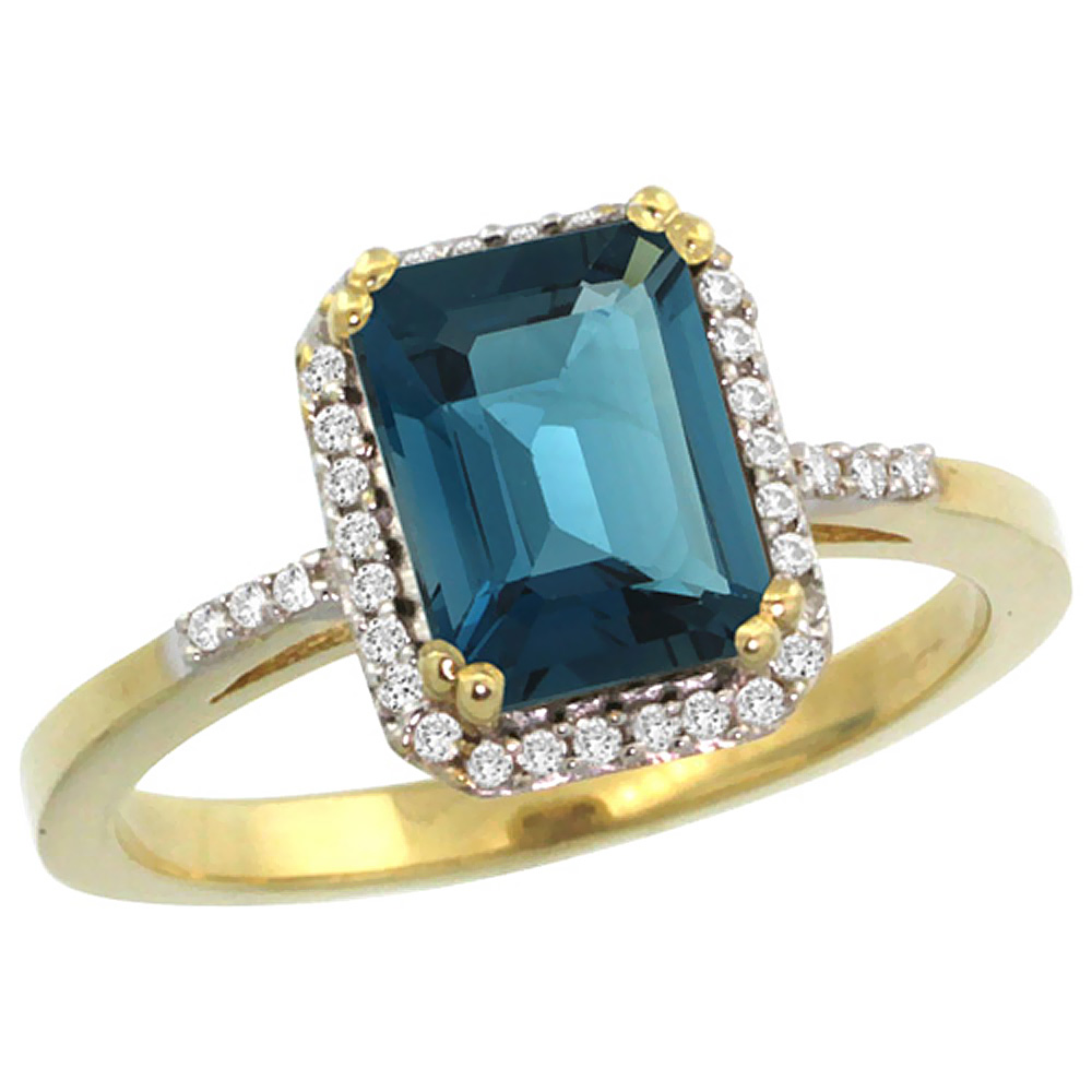 10K Yellow Gold Diamond Natural London Blue Topaz Ring Emerald-cut 8x6mm, sizes 5-10