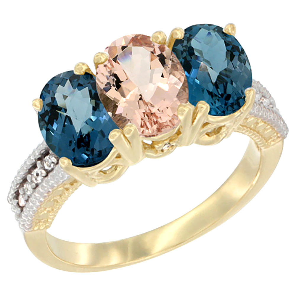 14K Yellow Gold Natural Morganite & London Blue Topaz Sides Ring 3-Stone 7x5 mm Oval Diamond Accent, sizes 5 - 10