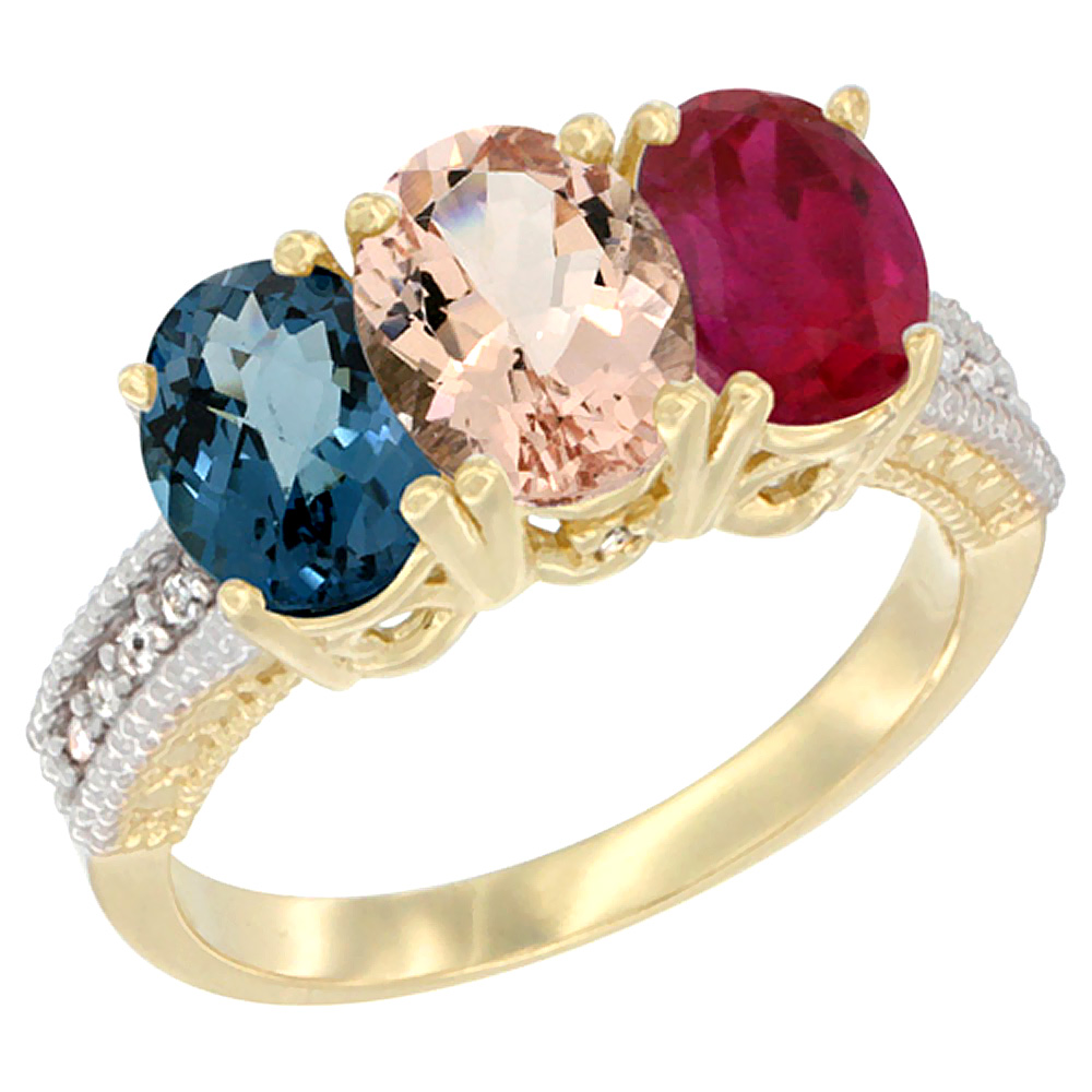 14K Yellow Gold Natural London Blue Topaz, Morganite & Enhanced Ruby Ring 3-Stone 7x5 mm Oval Diamond Accent, sizes 5 - 10