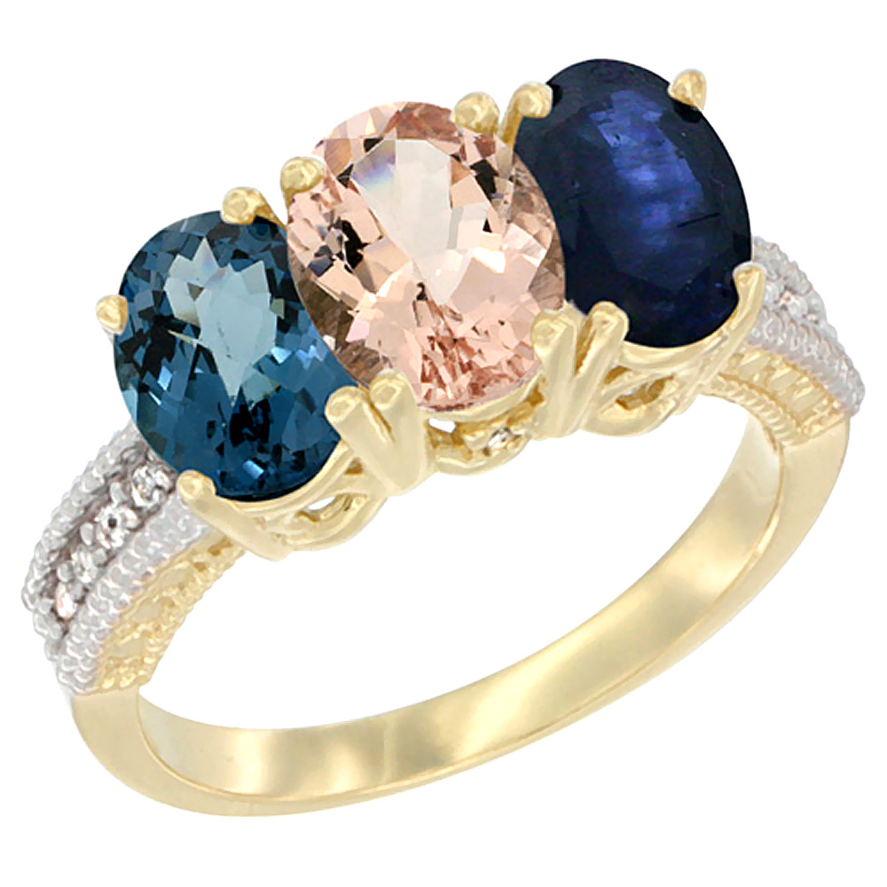 14K Yellow Gold Natural London Blue Topaz, Morganite &amp; Blue Sapphire Ring 3-Stone 7x5 mm Oval Diamond Accent, sizes 5 - 10