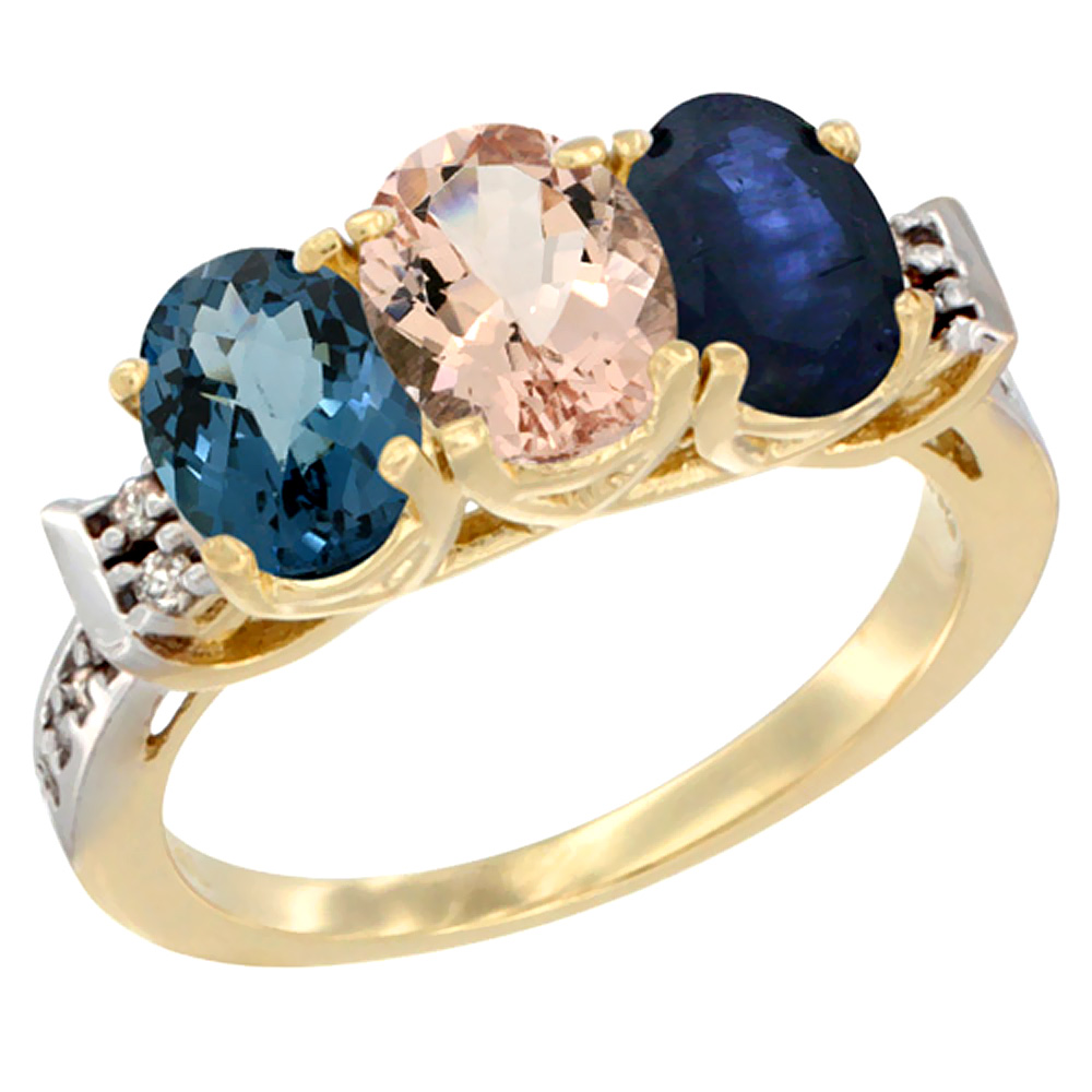 14K Yellow Gold Natural London Blue Topaz, Morganite & Blue Sapphire Ring 3-Stone 7x5 mm Oval Diamond Accent, sizes 5 - 10