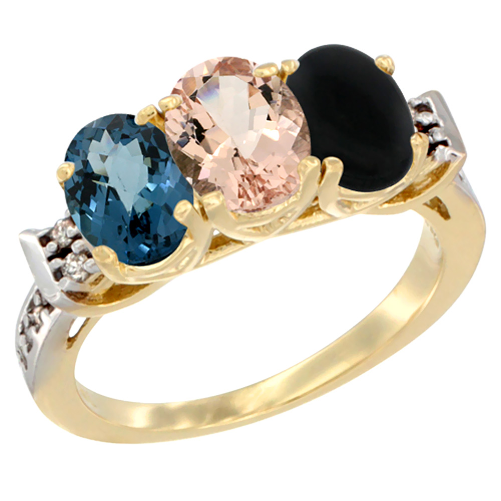 14K Yellow Gold Natural London Blue Topaz, Morganite &amp; Black Onyx Ring 3-Stone 7x5 mm Oval Diamond Accent, sizes 5 - 10