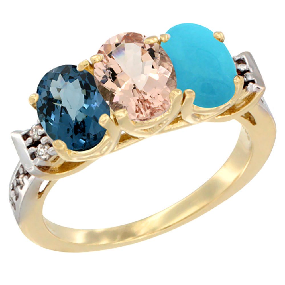 14K Yellow Gold Natural London Blue Topaz, Morganite &amp; Turquoise Ring 3-Stone 7x5 mm Oval Diamond Accent, sizes 5 - 10