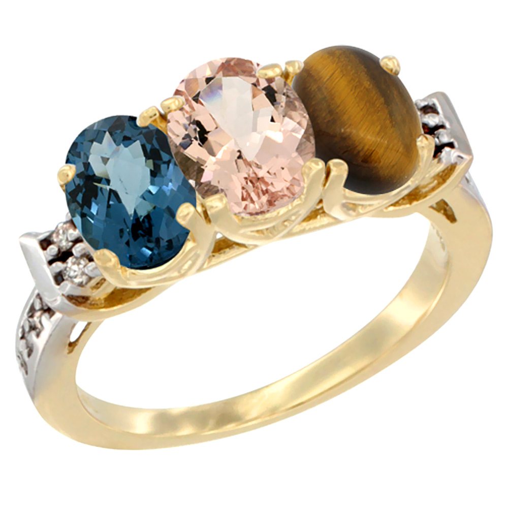 10K Yellow Gold Natural London Blue Topaz, Morganite &amp; Tiger Eye Ring 3-Stone Oval 7x5 mm Diamond Accent, sizes 5 - 10