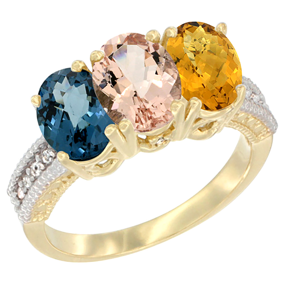 14K Yellow Gold Natural London Blue Topaz, Morganite & Whisky Quartz Ring 3-Stone 7x5 mm Oval Diamond Accent, sizes 5 - 10