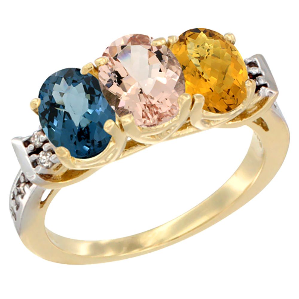 10K Yellow Gold Natural London Blue Topaz, Morganite & Whisky Quartz Ring 3-Stone Oval 7x5 mm Diamond Accent, sizes 5 - 10