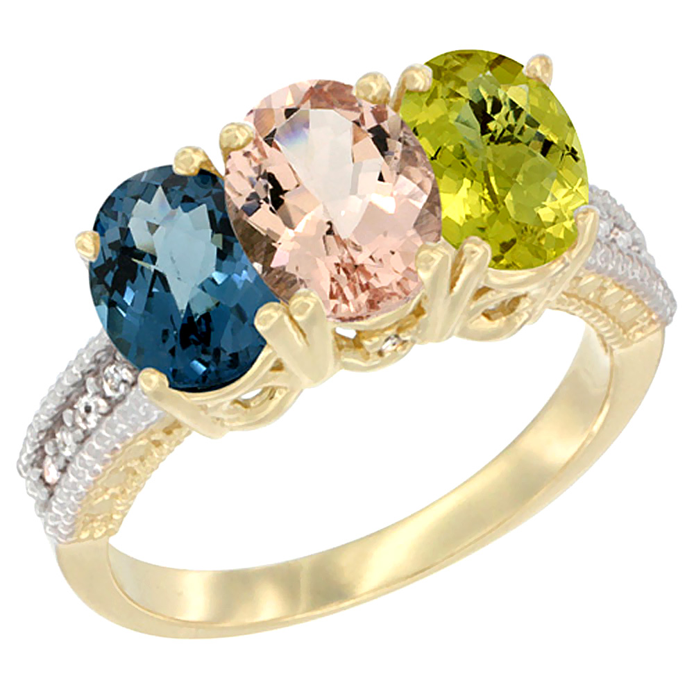 14K Yellow Gold Natural London Blue Topaz, Morganite & Lemon Quartz Ring 3-Stone 7x5 mm Oval Diamond Accent, sizes 5 - 10