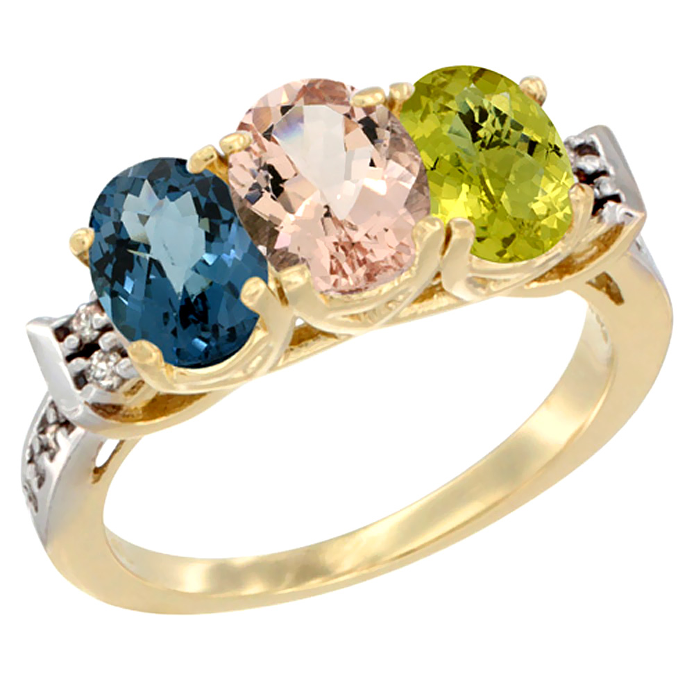 14K Yellow Gold Natural London Blue Topaz, Morganite & Lemon Quartz Ring 3-Stone 7x5 mm Oval Diamond Accent, sizes 5 - 10