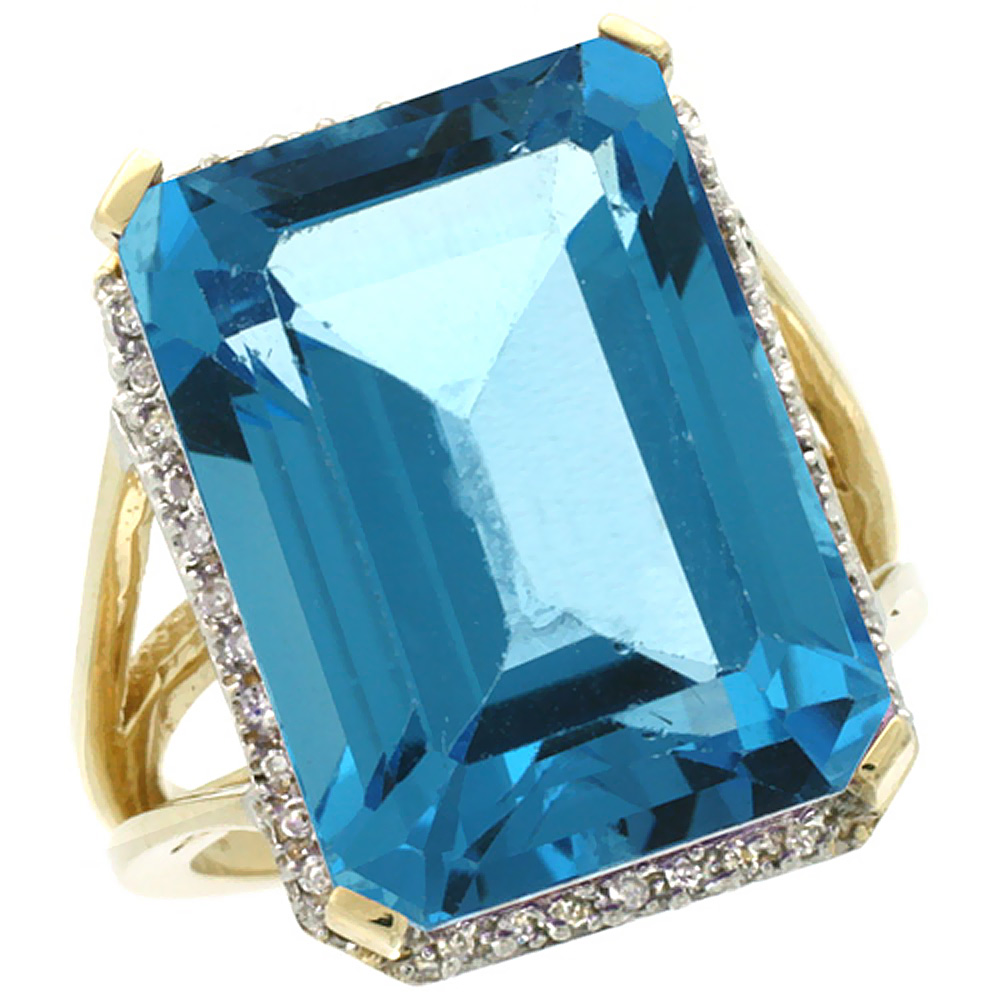 10K Yellow Gold Diamond Natural London Blue Topaz Ring Emerald-cut 18x13mm, sizes 5-10