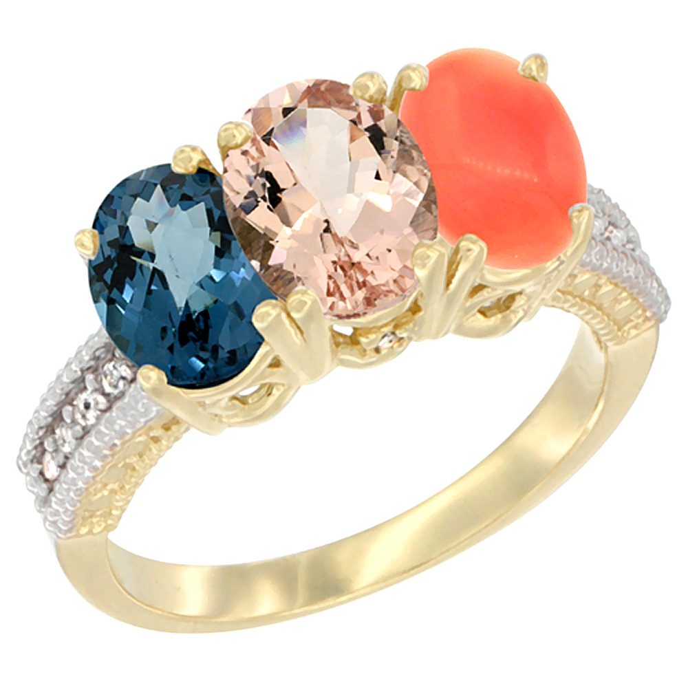 10K Yellow Gold Diamond Natural London Blue Topaz, Morganite & Coral Ring 3-Stone Oval 7x5 mm, sizes 5 - 10