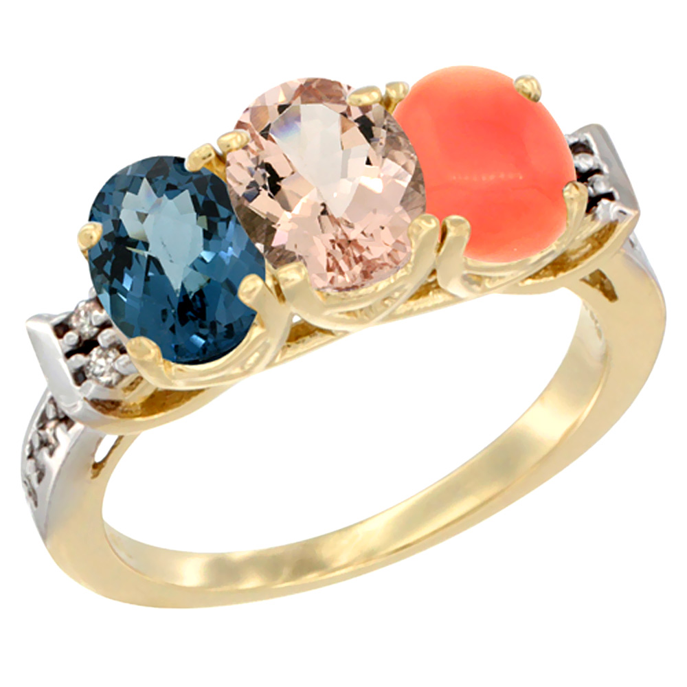 14K Yellow Gold Natural London Blue Topaz, Morganite & Coral Ring 3-Stone 7x5 mm Oval Diamond Accent, sizes 5 - 10