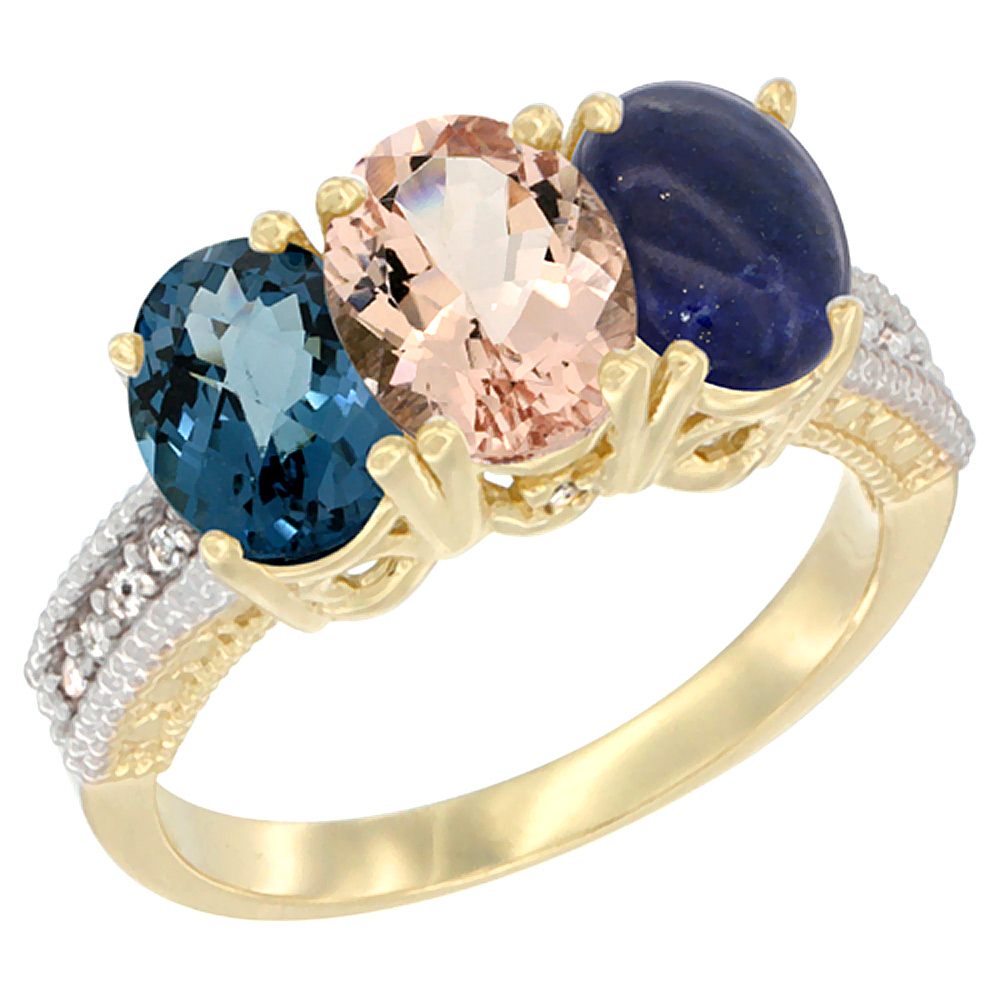 14K Yellow Gold Natural London Blue Topaz, Morganite & Lapis Ring 3-Stone 7x5 mm Oval Diamond Accent, sizes 5 - 10