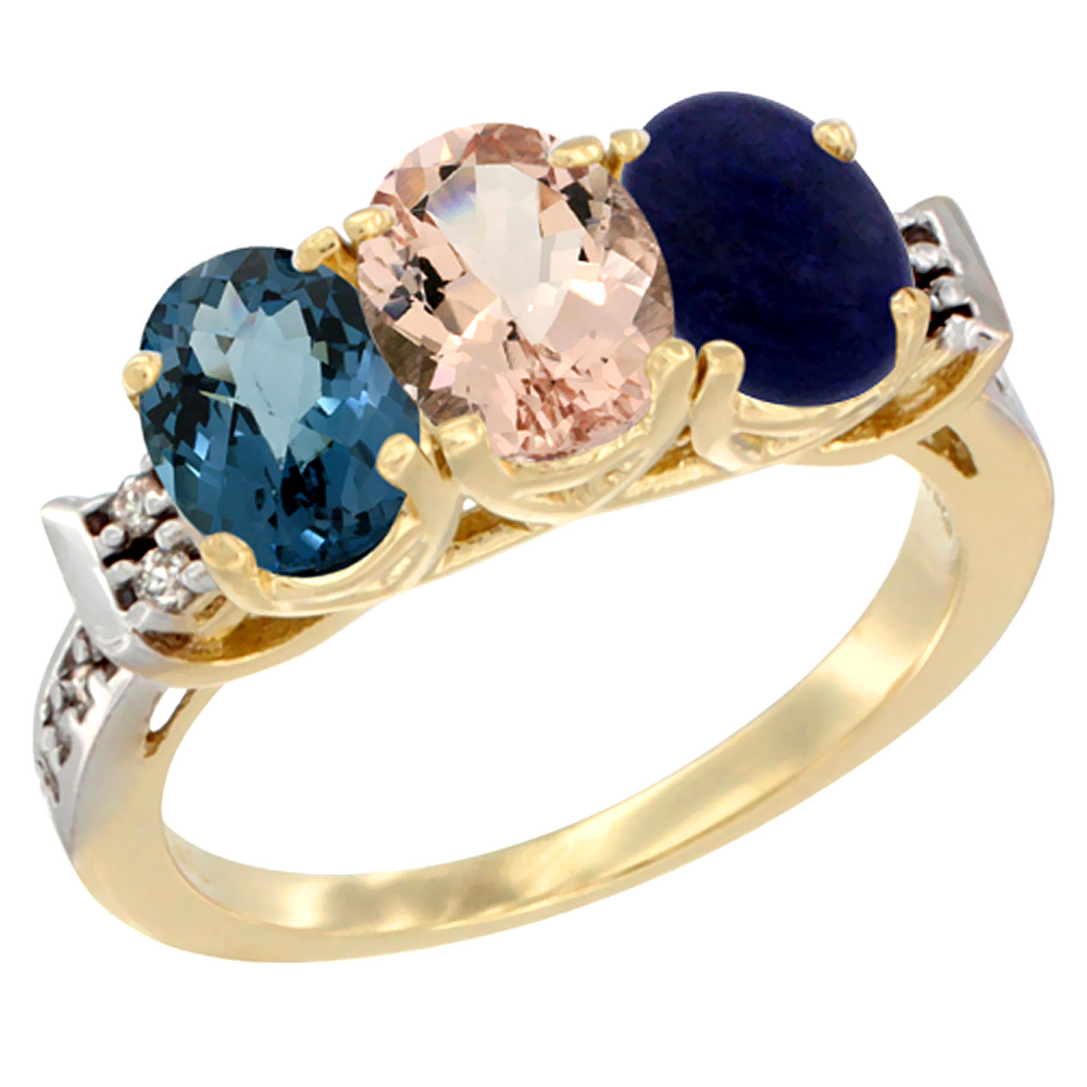 10K Yellow Gold Natural London Blue Topaz, Morganite & Lapis Ring 3-Stone Oval 7x5 mm Diamond Accent, sizes 5 - 10