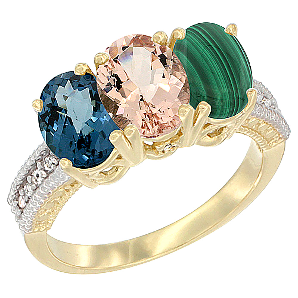 14K Yellow Gold Natural London Blue Topaz, Morganite &amp; Malachite Ring 3-Stone 7x5 mm Oval Diamond Accent, sizes 5 - 10