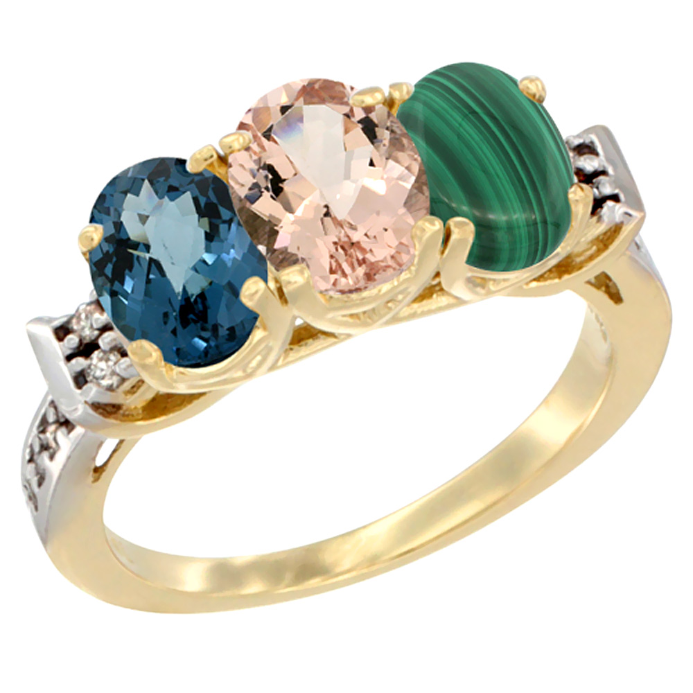 14K Yellow Gold Natural London Blue Topaz, Morganite & Malachite Ring 3-Stone 7x5 mm Oval Diamond Accent, sizes 5 - 10