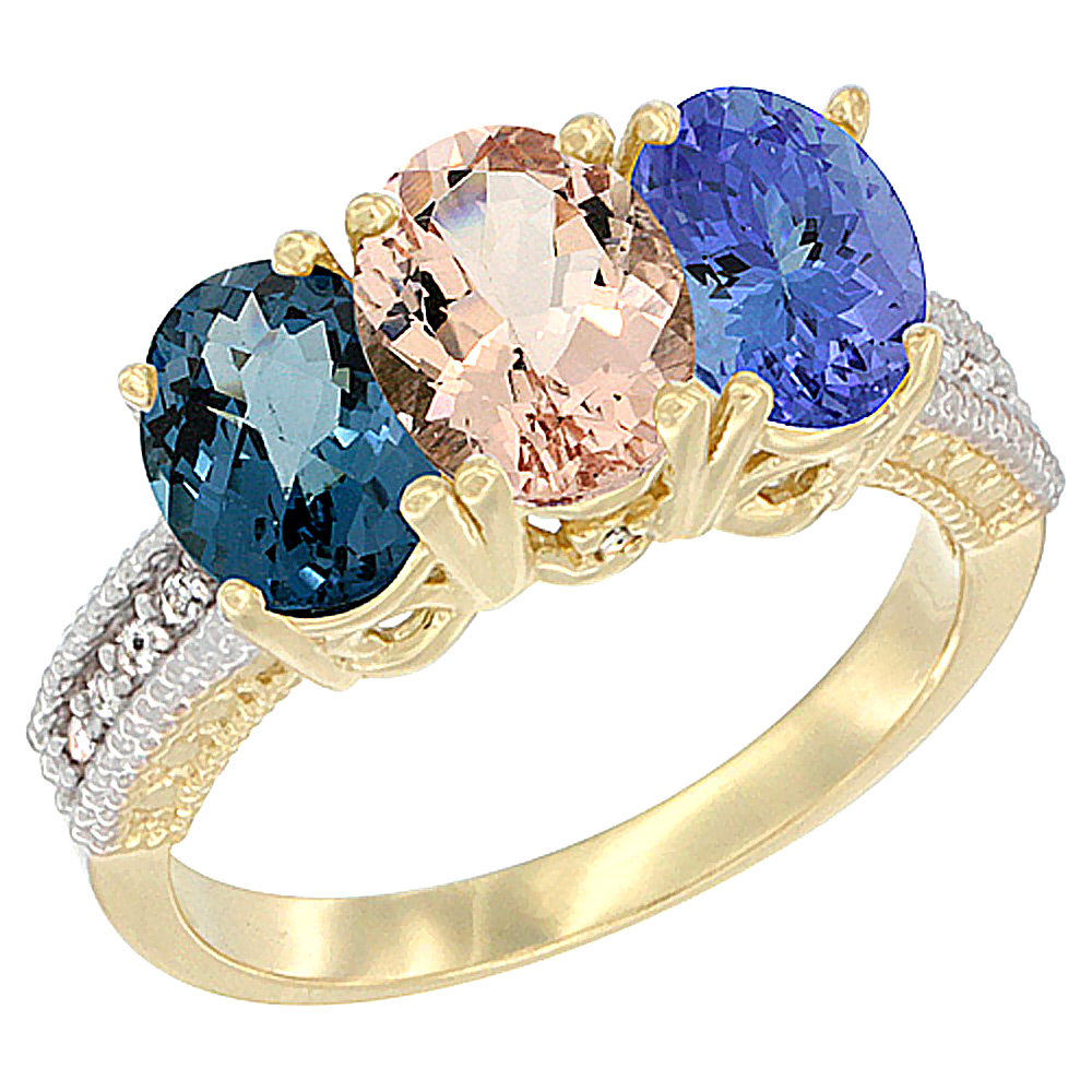 14K Yellow Gold Natural London Blue Topaz, Morganite & Tanzanite Ring 3-Stone 7x5 mm Oval Diamond Accent, sizes 5 - 10