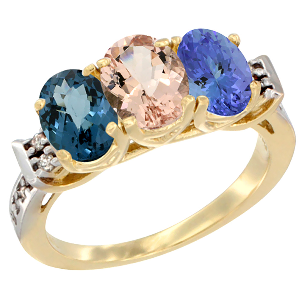 14K Yellow Gold Natural London Blue Topaz, Morganite & Tanzanite Ring 3-Stone 7x5 mm Oval Diamond Accent, sizes 5 - 10