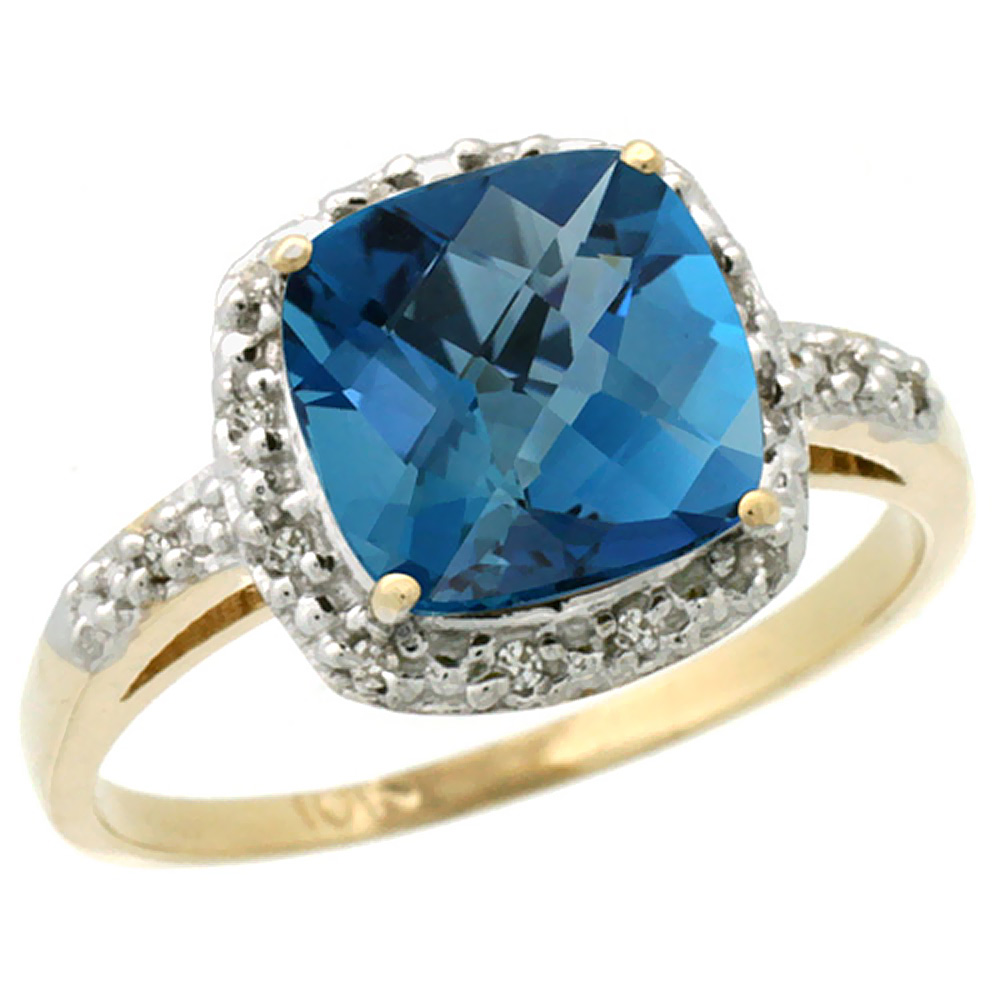 10K Yellow Gold Diamond Natural London Blue Topaz Ring Cushion-cut 8x8 mm, sizes 5-10