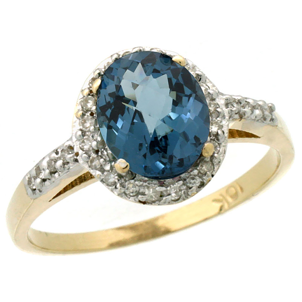 10K Yellow Gold Diamond Natural London Blue Topaz Ring Oval 8x6mm, sizes 5-10