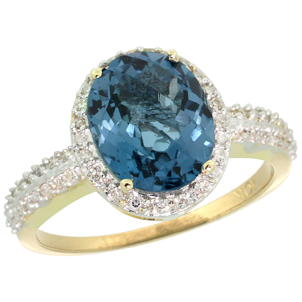 14K Yellow Gold Diamond Natural London Blue Topaz Engagement Ring Oval 10x8mm, sizes 5-10