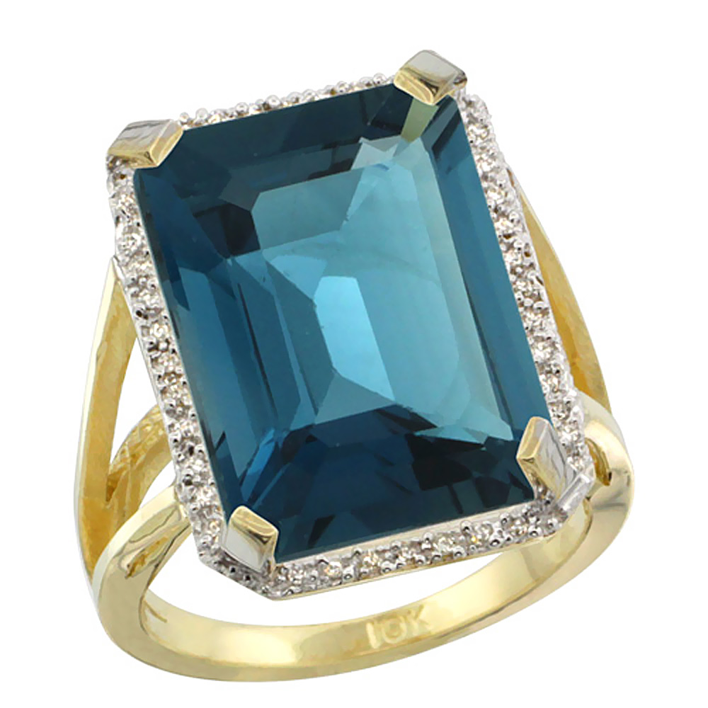 14K Yellow Gold Diamond Natural London Blue Topaz Ring Emerald-cut 18x13mm, sizes 5-10