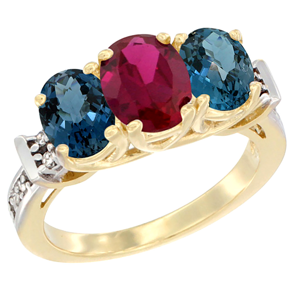 10K Yellow Gold Enhanced Ruby & London Blue Topaz Sides Ring 3-Stone Oval Diamond Accent, sizes 5 - 10