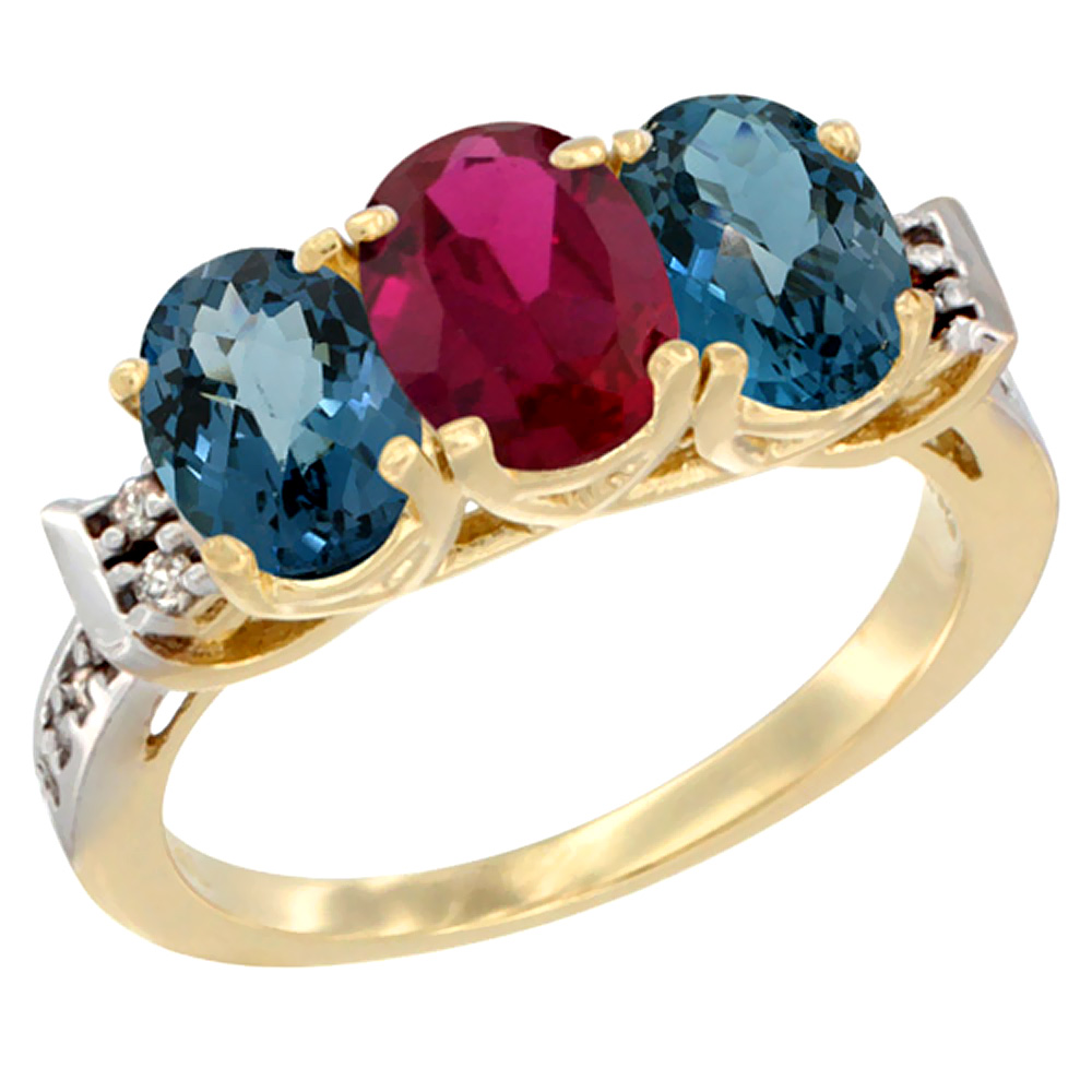 14K Yellow Gold Enhanced Ruby &amp; Natural London Blue Topaz Sides Ring 3-Stone 7x5 mm Oval Diamond Accent, sizes 5 - 10