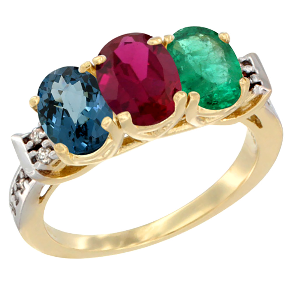 10K Yellow Gold Natural London Blue Topaz, Enhanced Ruby & Natural Emerald Ring 3-Stone Oval 7x5 mm Diamond Accent, sizes 5 - 10