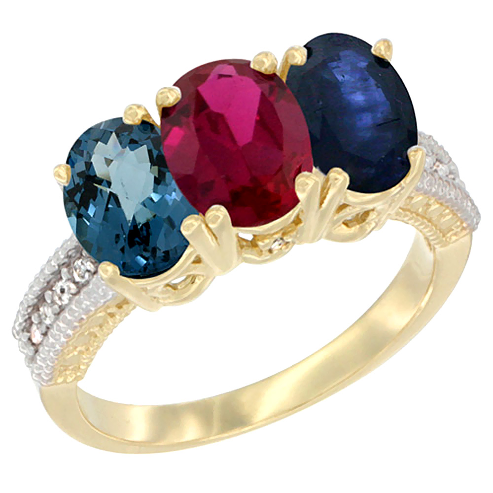 14K Yellow Gold Natural London Blue Topaz, Enhanced Ruby & Natural Blue Sapphire Ring 3-Stone 7x5 mm Oval Diamond Accent, sizes 5 - 10