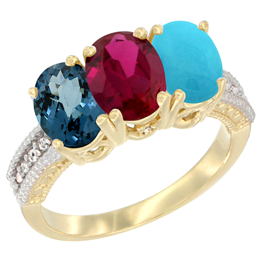 10K Yellow Gold Diamond Natural London Blue Topaz, Ruby & Turquoise Ring 3-Stone Oval 7x5 mm, sizes 5 - 10