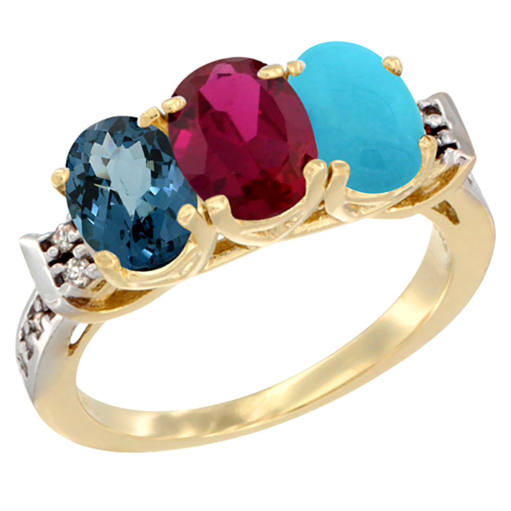 10K Yellow Gold Natural London Blue Topaz, Enhanced Ruby &amp; Natural Turquoise Ring 3-Stone Oval 7x5 mm Diamond Accent, sizes 5 - 10