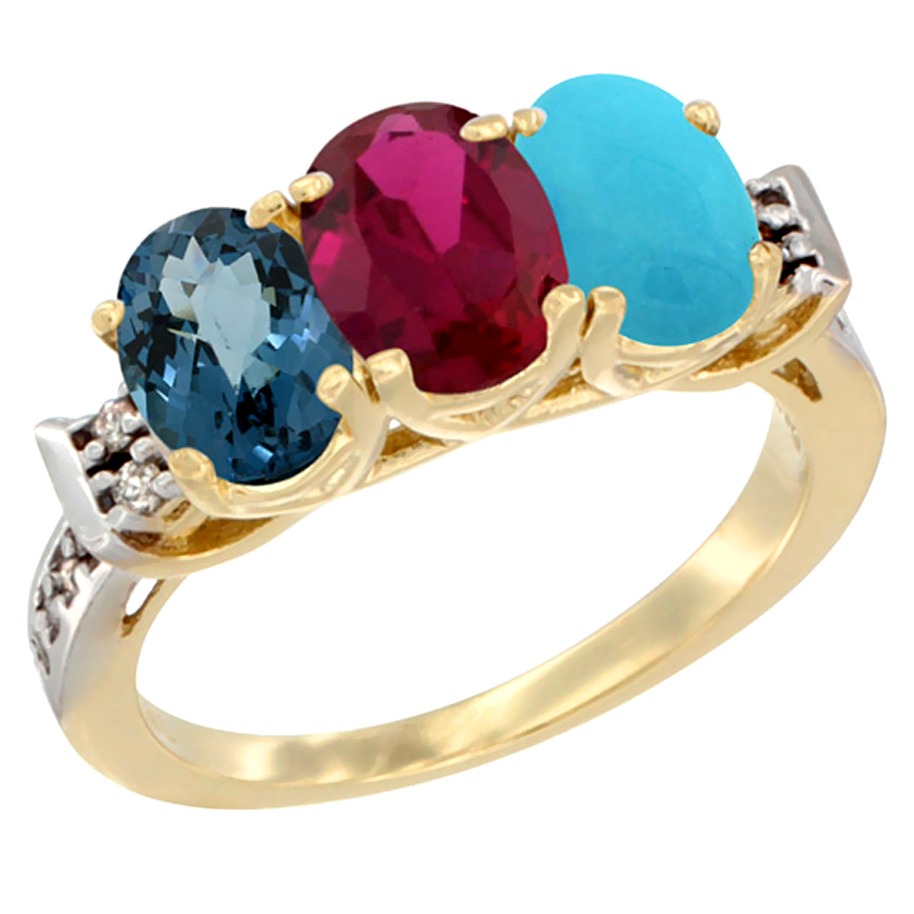 14K Yellow Gold Natural London Blue Topaz, Enhanced Ruby &amp; Natural Turquoise Ring 3-Stone 7x5 mm Oval Diamond Accent, sizes 5 - 10