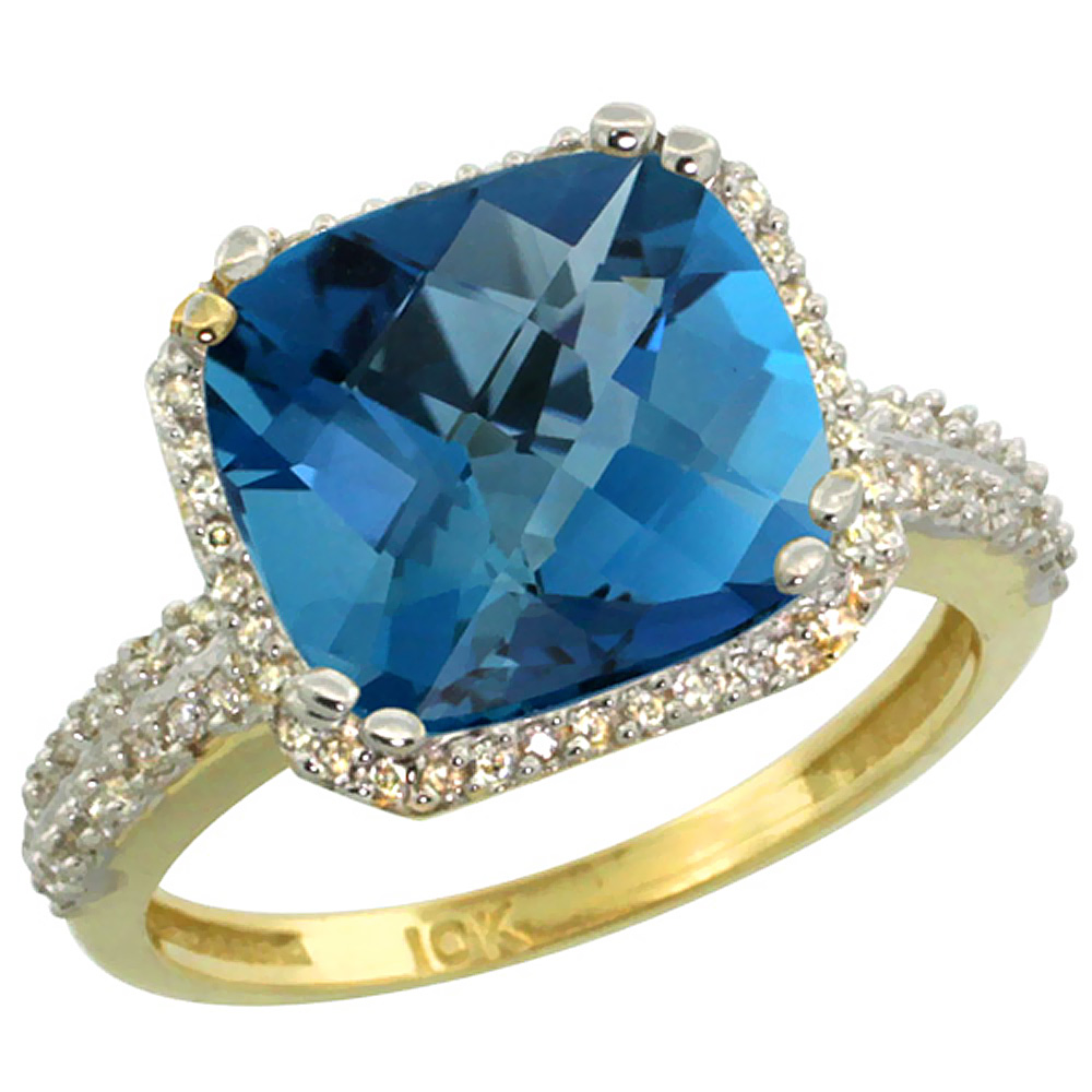 10k Yellow Gold Natural London Blue Topaz Ring Cushion-cut 11x11mm Diamond Halo, sizes 5-10