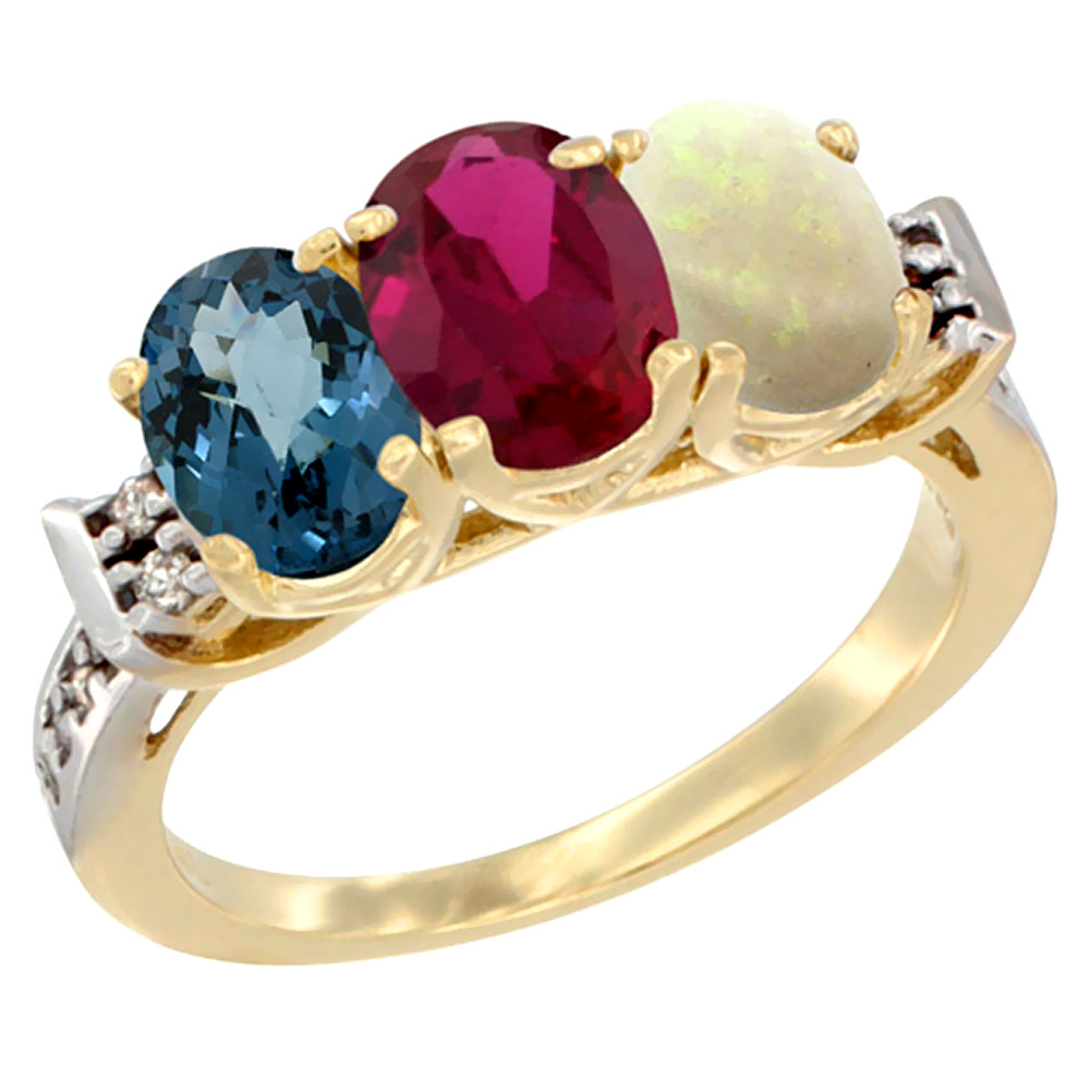 14K Yellow Gold Natural London Blue Topaz, Enhanced Ruby &amp; Natural Opal Ring 3-Stone 7x5 mm Oval Diamond Accent, sizes 5 - 10