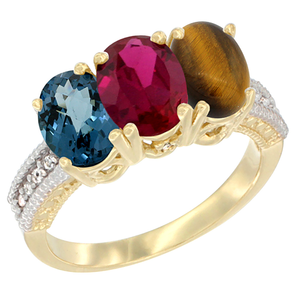 14K Yellow Gold Natural London Blue Topaz, Enhanced Ruby &amp; Natural Tiger Eye Ring 3-Stone 7x5 mm Oval Diamond Accent, sizes 5 - 10
