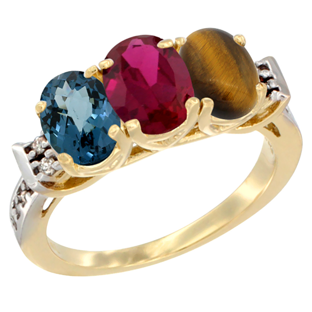 14K Yellow Gold Natural London Blue Topaz, Enhanced Ruby & Natural Tiger Eye Ring 3-Stone 7x5 mm Oval Diamond Accent, sizes 5 - 10