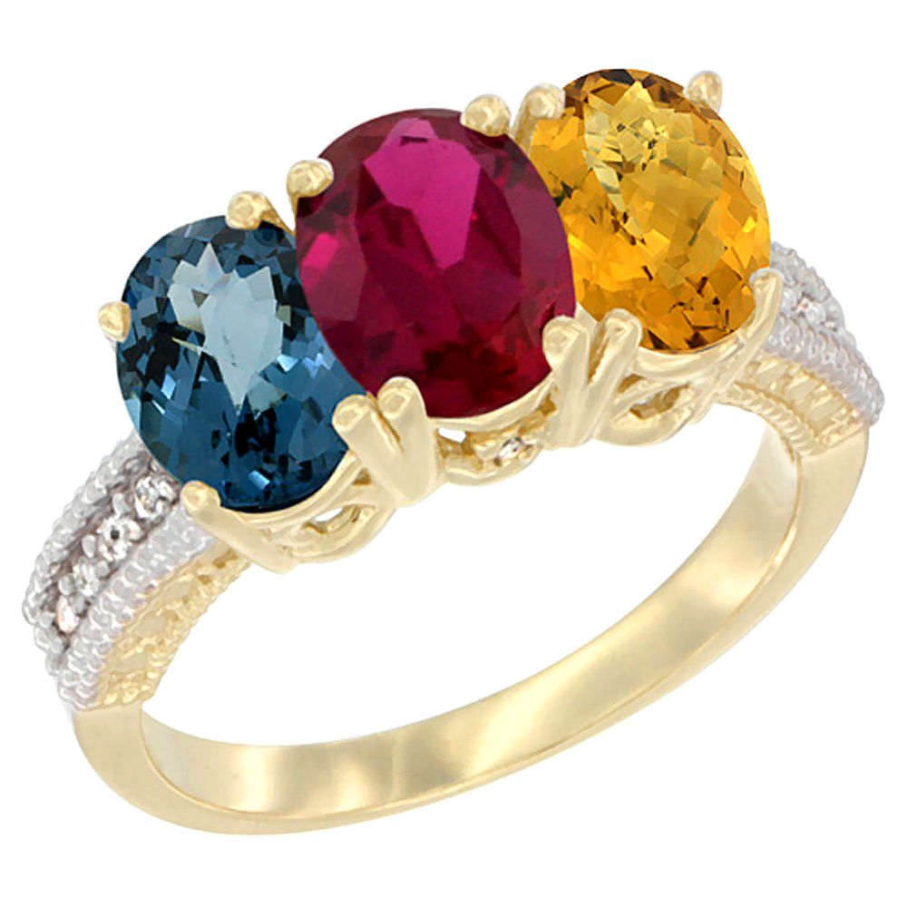 10K Yellow Gold Diamond Natural London Blue Topaz, Ruby &amp; Whisky Quartz Ring 3-Stone Oval 7x5 mm, sizes 5 - 10