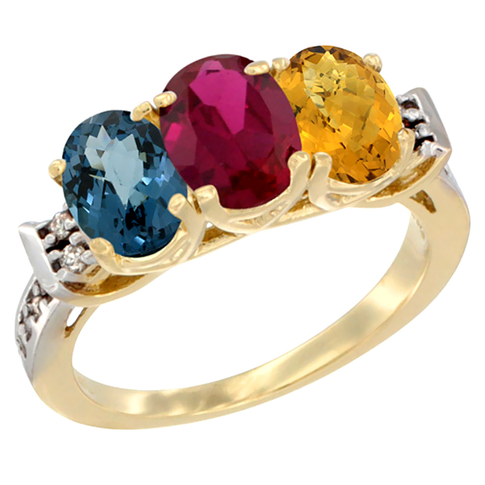 14K Yellow Gold Natural London Blue Topaz, Enhanced Ruby & Natural Whisky Quartz Ring 3-Stone 7x5 mm Oval Diamond Accent, sizes 5 - 10