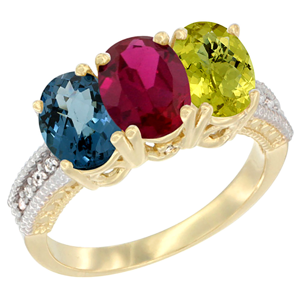 10K Yellow Gold Diamond Natural London Blue Topaz, Ruby &amp; Lemon Quartz Ring 3-Stone Oval 7x5 mm, sizes 5 - 10