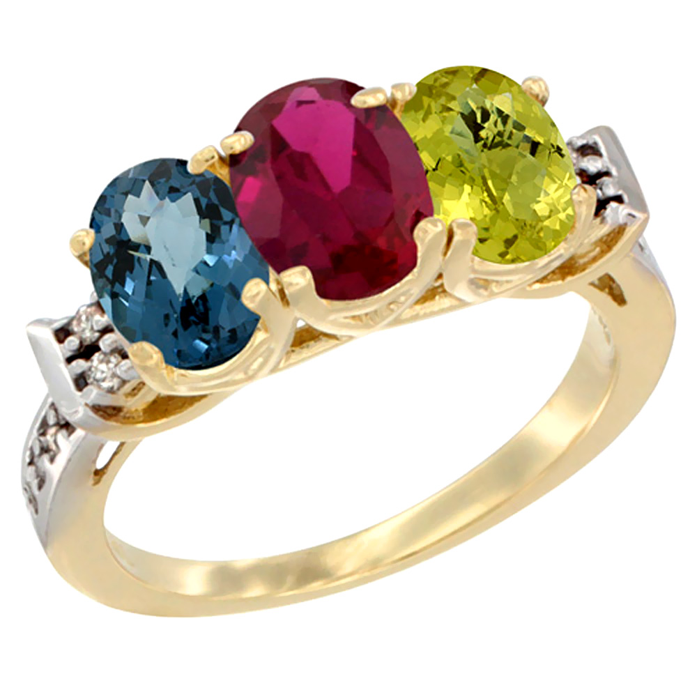 14K Yellow Gold Natural London Blue Topaz, Enhanced Ruby &amp; Natural Lemon Quartz Ring 3-Stone 7x5 mm Oval Diamond Accent, sizes 5 - 10